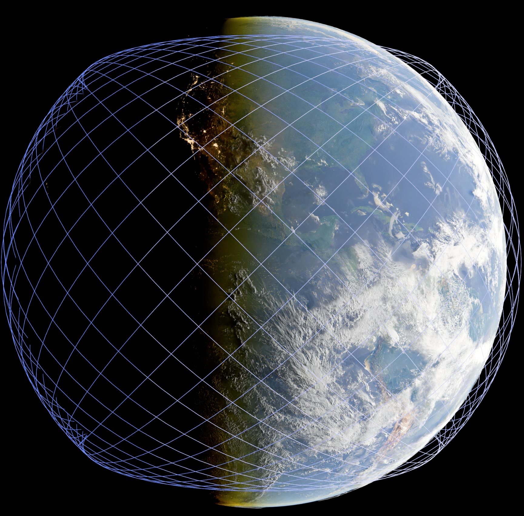 Representación de una constelación de satélites alrededor de la Tierra