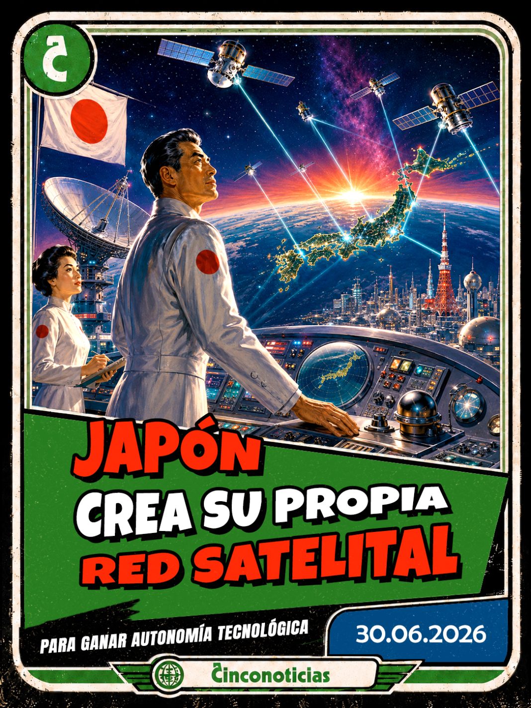 Tarjeta coleccionable Cinconoticias — Japón financia una red satelital propia, 2026 Tarjeta coleccionable Cinconoticias "Japón crea su propia red satelital para ganar autonomía tecnológica"