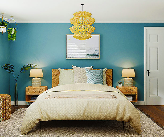 Elegante habitación con mobiliario beige y pared azul