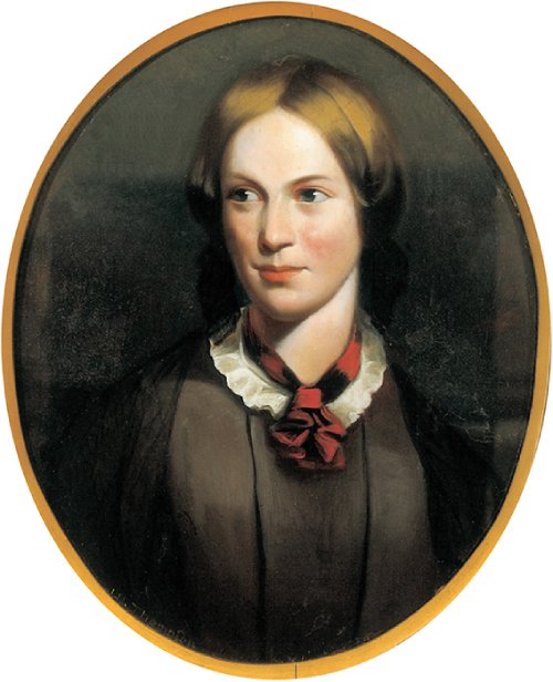 Retrato de Charlottë Brontë a color enmarcado en un óvalo. 