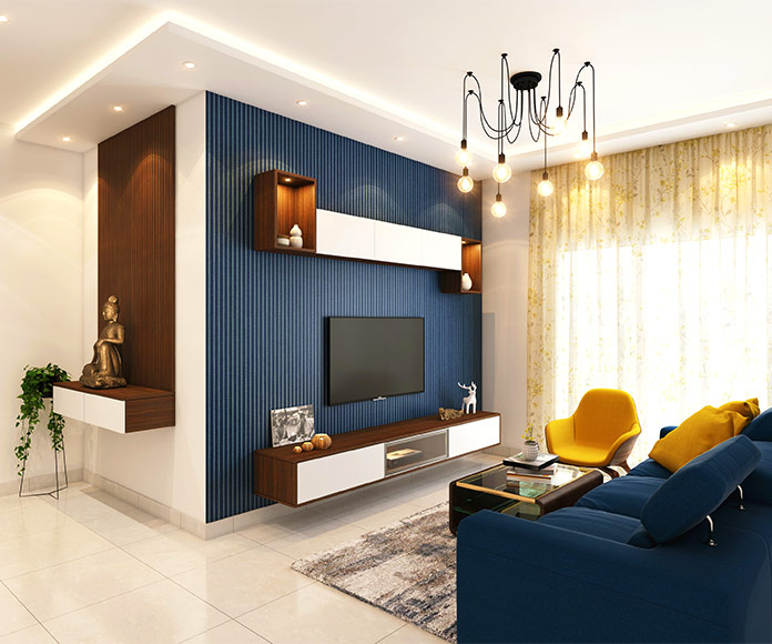Salón de diseño con sofá y television tv colgada en la pared