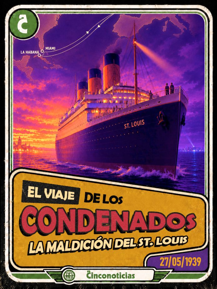 Tarjeta coleccionable Cinconoticias — St. Louis, 1939 Tarjeta coleccionable Cinconoticias "El viaje de los condenados. La maldición del St. Louis", 1939.