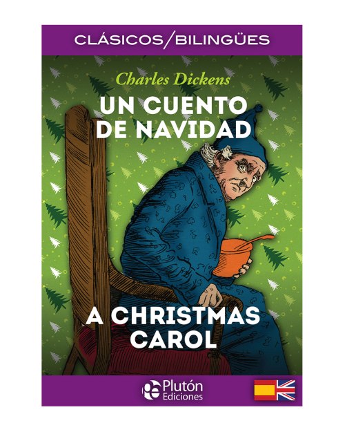 Scrooge adorna la portada del libro con su cara enfadada, sentado en una silla.