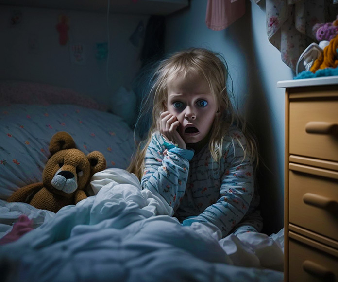 Niña asustada por terrores nocturnos sentada en su cama de noche