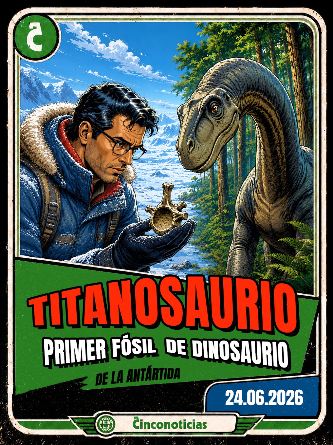 Tarjeta coleccionable Cinconoticias — Titanosaurio: el primer fósil de dinosaurio de la Antártida, 2026 Tarjeta coleccionable Cinconoticias "Titanosaurio: primer fósil de dinosaurio de la Antártida"