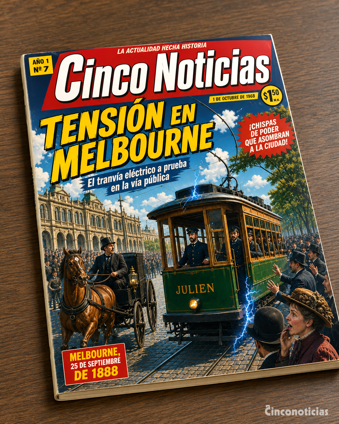 Portada de revista pulp inspirada en el caso del Tranvía eléctrico Julien de 1888