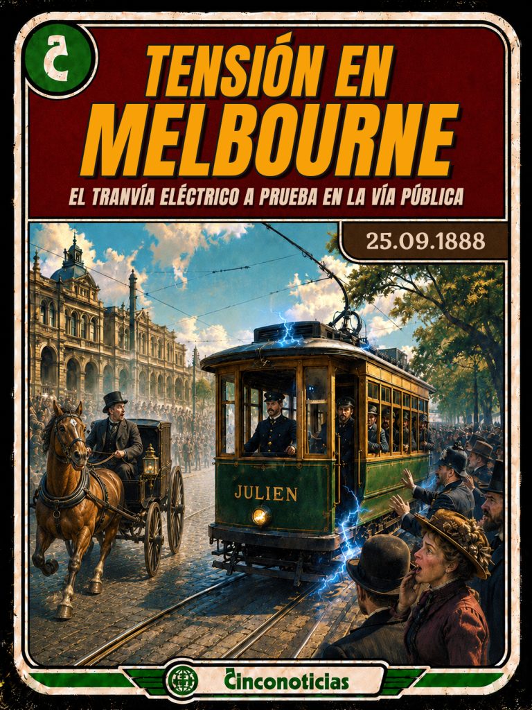 Tarjeta coleccionable Cinco Noticias sobre el Tranvía eléctrico Julien de Melbourne de 1888