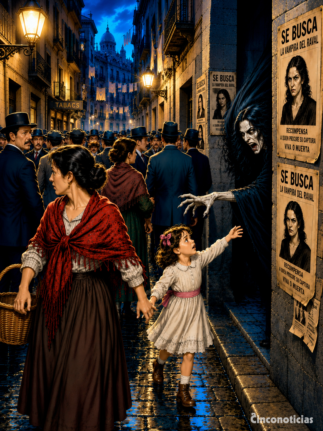 Ilustración basada en el caso de la Vampira del Raval donde una figura amenazante parece atraer a una niña en una calle abarrotada de 1912