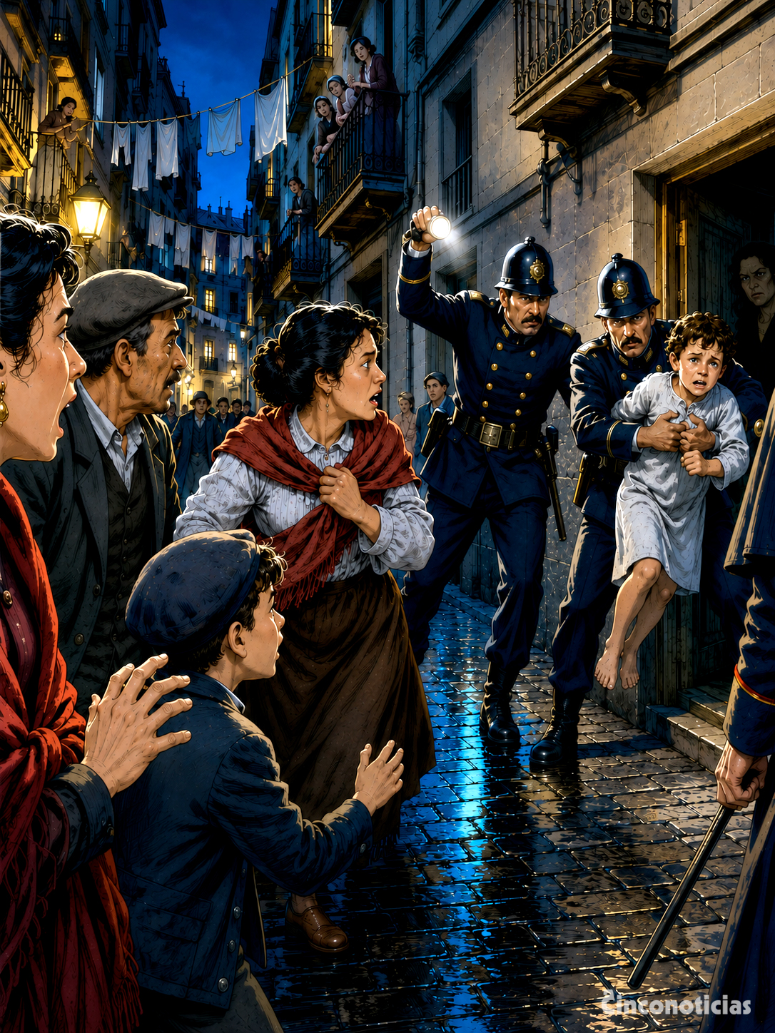 Ilustración sobre el hallazgo de la niña Teresita Guitart y el pánico vecinal en el Raval, Barcelona 1912