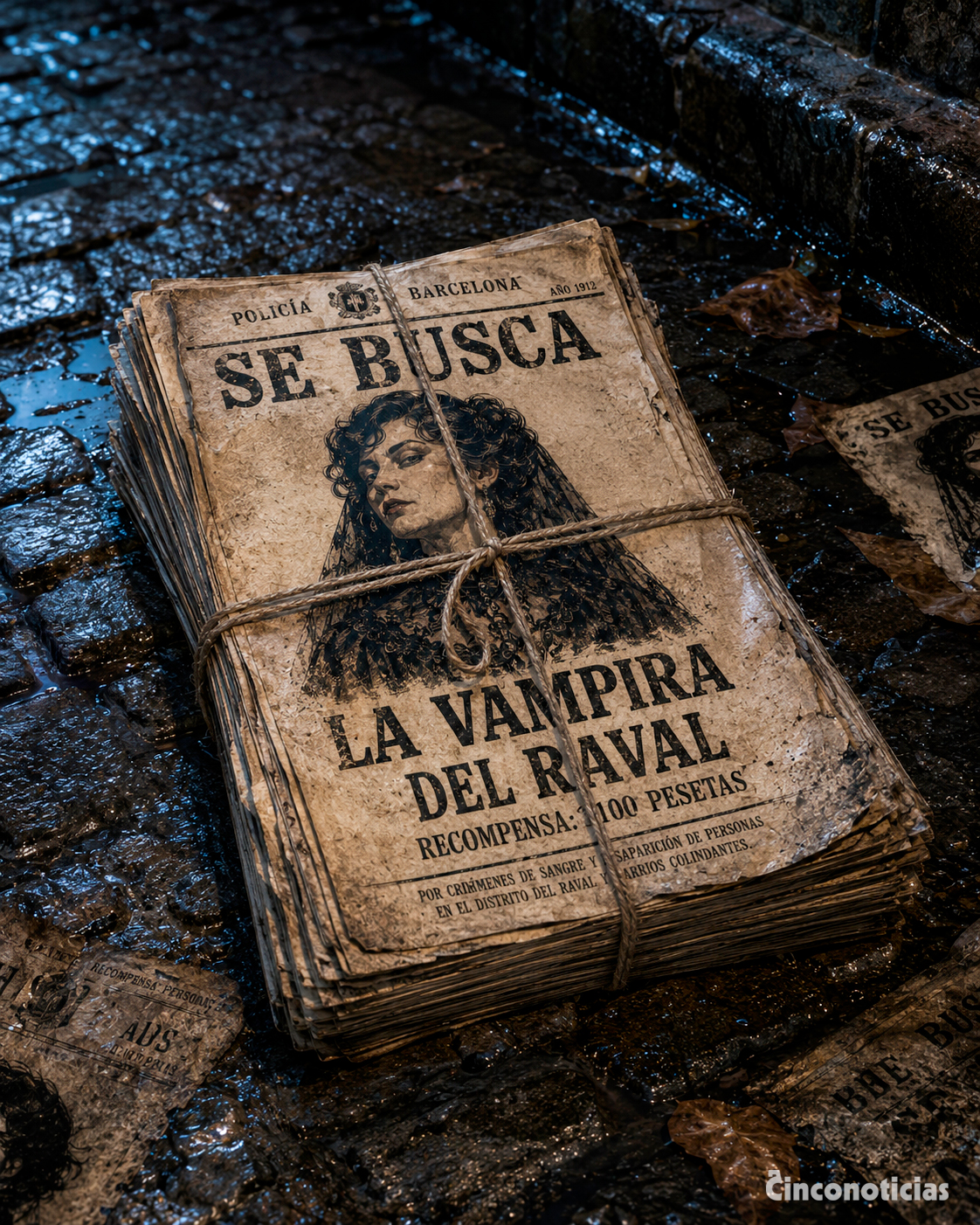 Carteles de “Se busca la Vampira del Raval” apilados y atados con cuerda en una calle húmeda de Barcelona
