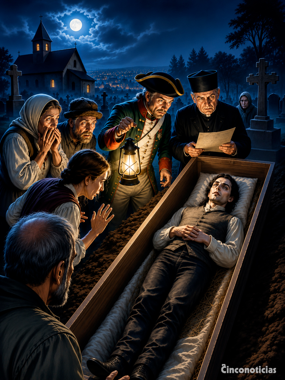 Vecinos y autoridades observan el cadáver de Plogojowitz dentro de un ataúd abierto en el cementerio, bajo la luna.