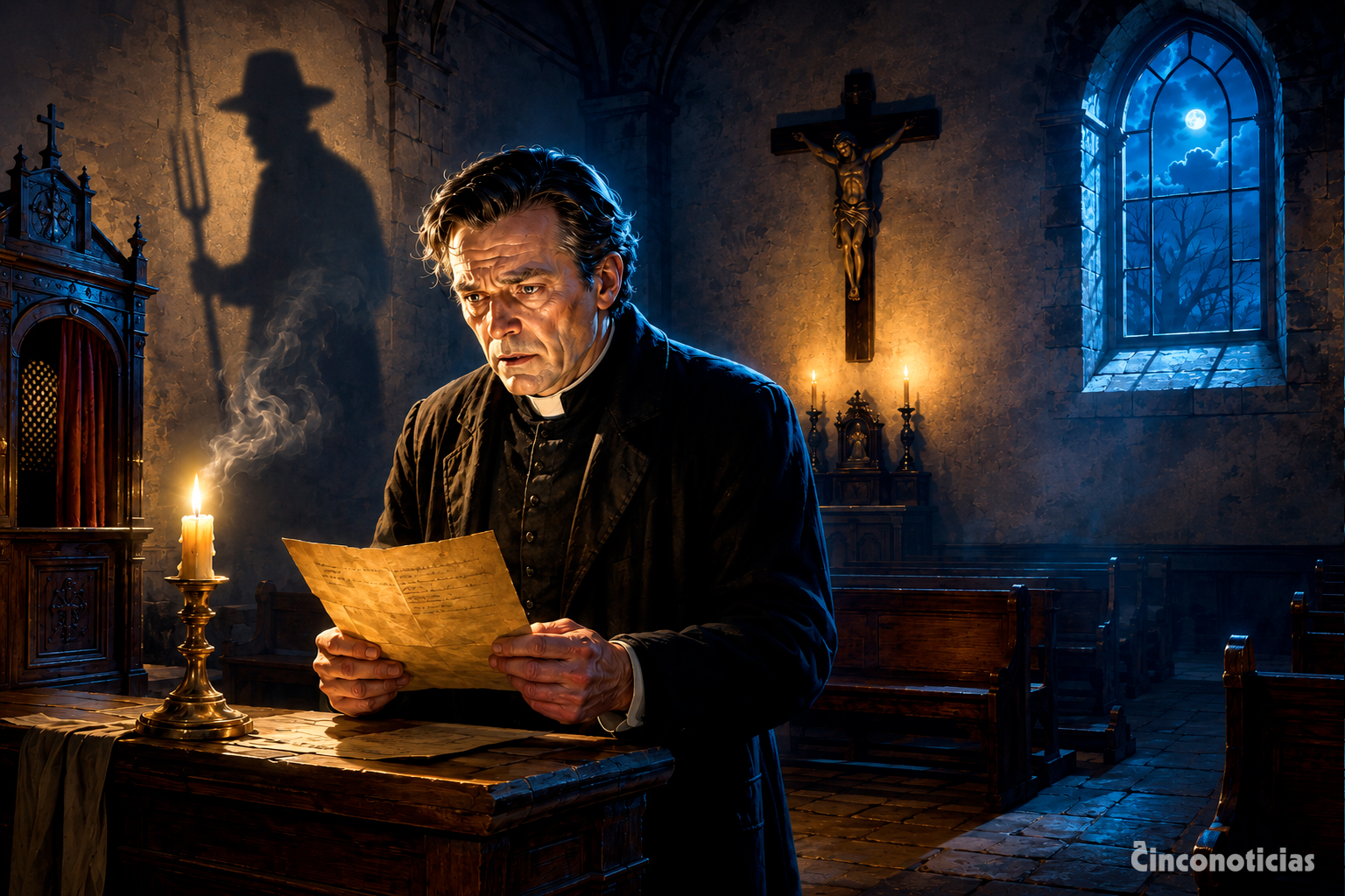 Sacerdote leyendo en una iglesia vacía iluminada por velas mientras la sombra de una figura espectral se proyecta en la pared.