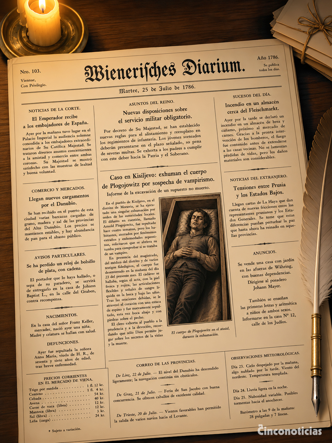 Gaceta vienesa ficticia de 1786 que recrea la difusión impresa del caso Plogojowitz y la sospecha de vampirismo en Kisiljevo.