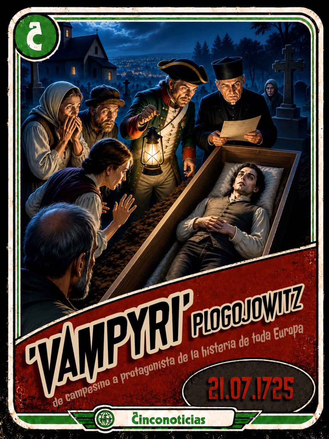 Tarjeta coleccionable Cinco Noticias — Vampyri Plogojowitz, 1725 Tarjeta coleccionable de Cinco Noticias sobre el vampyri Plogojowitz, con ataúd abierto, testigos y fecha 21.07.1725.