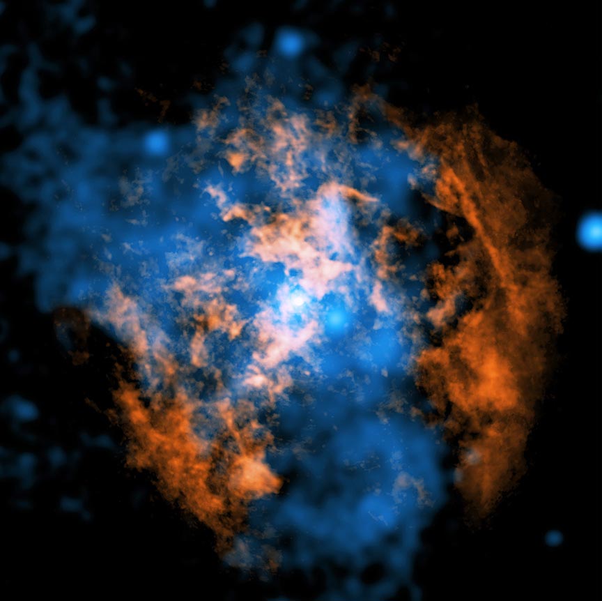 Imagen compuesta con datos de ALMA en naranja y Chandra en azul que muestra la cavidad asociada al viento de Sagitario A*