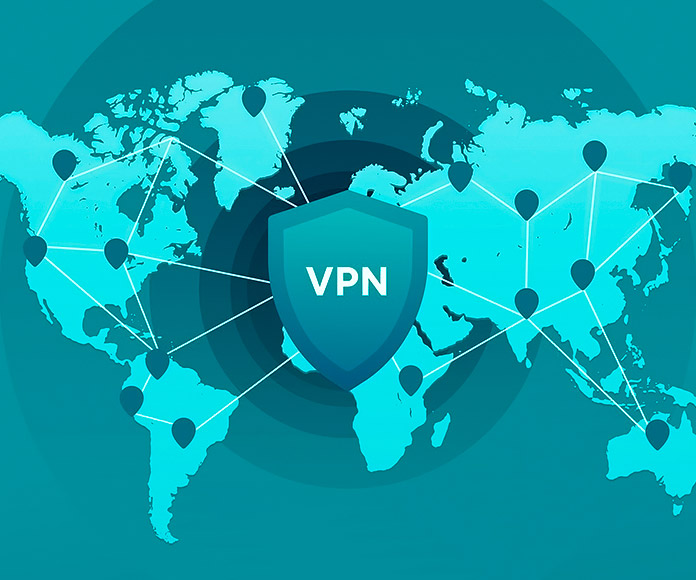 gráfico con escudo VPN sobre un mapa del mundo